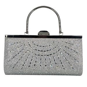 VANESSA METAL FRAME BURST BAG – SILVER RHINESTONES – TOP HANDLE + SHOULDER STRAP